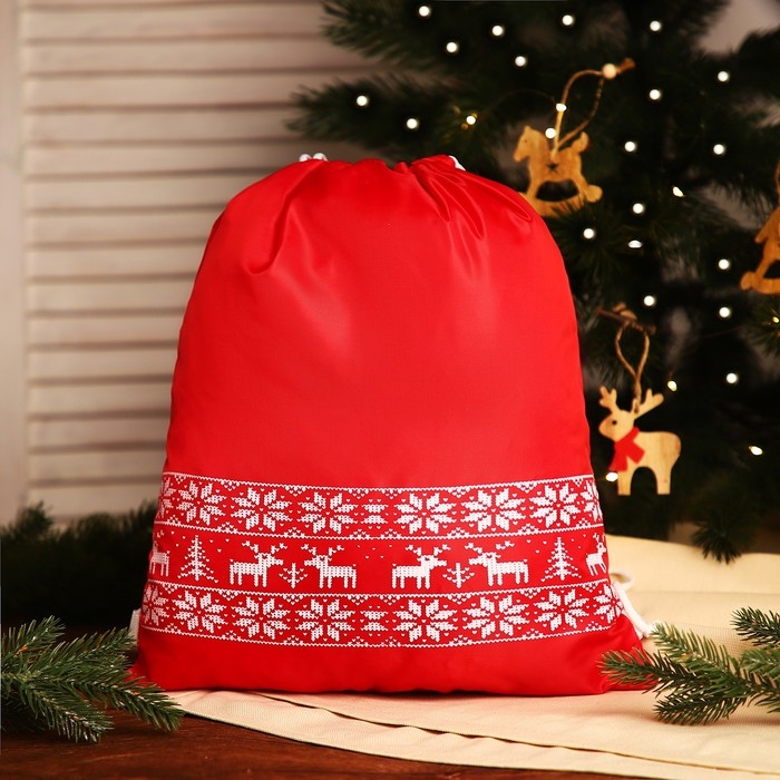 Новый год 2025. Новогодний мешок для подарков на шнурке Новый год 2025. Новогодний мешок для подарков на шнурке "Олени", цвет красный