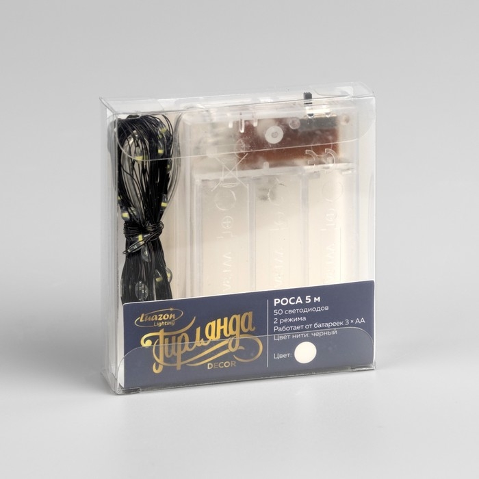 Гирлянда «Нить» 5 м роса, IP20, чёрная нить, 50 LED, 2 режима, батарейки AAх3 (нет в комплекте), свечение белое Гирлянда «Нить» 5 м роса, IP20, чёрная нить, 50 LED, 2 режима, батарейки AAх3 (нет в комплекте), свечение белое