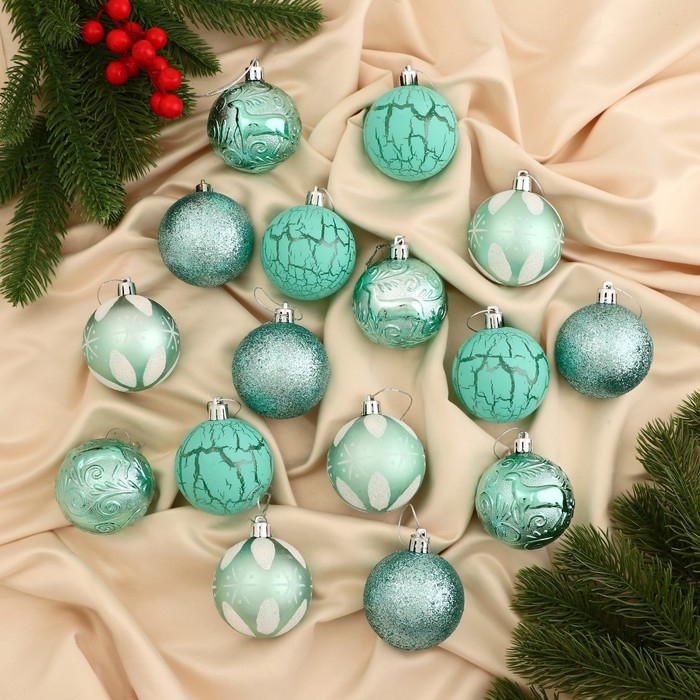 Набор шаров пластик d-6 см, 16 шт Набор шаров пластик d-6 см, 16 шт "Мелодия" узор треск, зелёный