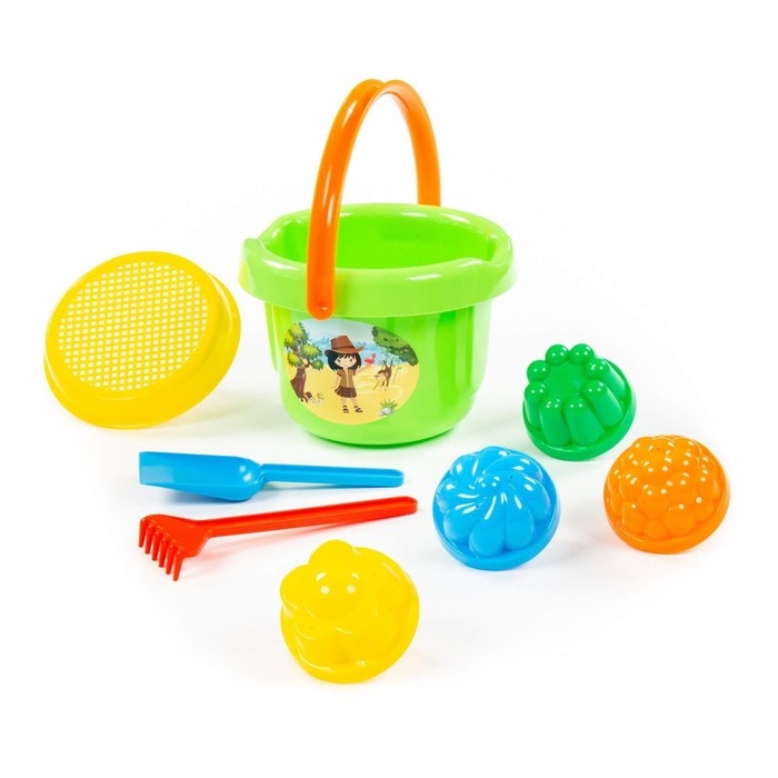 Набор для игры в песке №10: ведро большое, ситечко, лопатка, грабельки, 4 формочки Набор для игры в песке №10: ведро большое, ситечко, лопатка, грабельки, 4 формочки