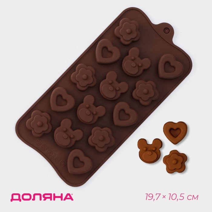 Форма для конфет и шоколада Доляна «Мишка, цветок, сердце», силикон, 19,7×10,5×1,5 см, 14 ячеек, цвет коричневый Форма для конфет и шоколада Доляна «Мишка, цветок, сердце», силикон, 19,7×10,5×1,5 см, 14 ячеек, цвет коричневый