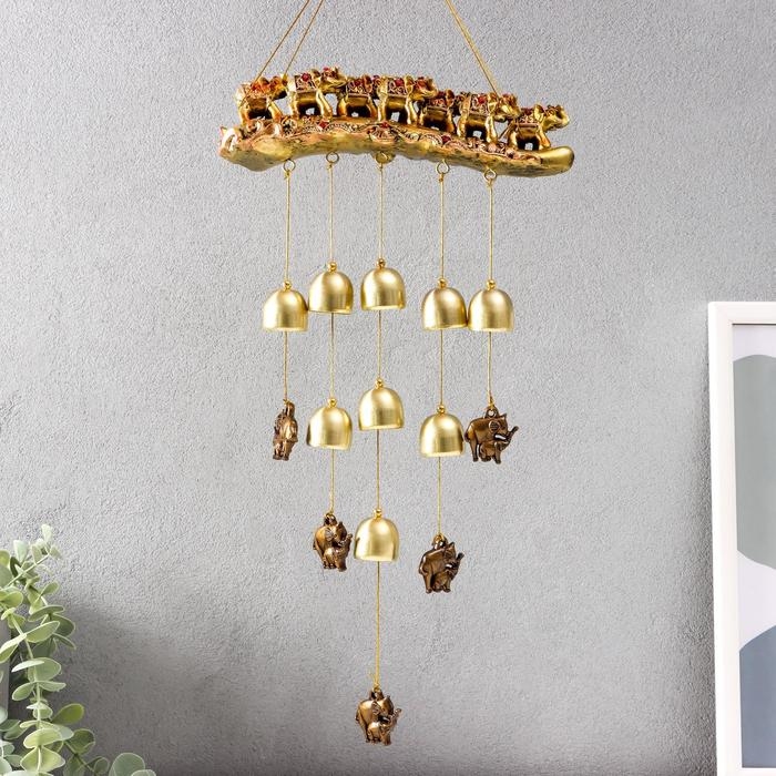 Музыка ветра металл, полистоун Музыка ветра металл, полистоун "Семь слонов на бивне" 9 колокольчиков 44х21 см