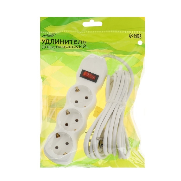 Удлинитель Luazon Lighting ECO, 3 розетки, 4.5 м, 16 А, 3500 Вт, ПВС 3х1 мм2, с з/к, с выкл