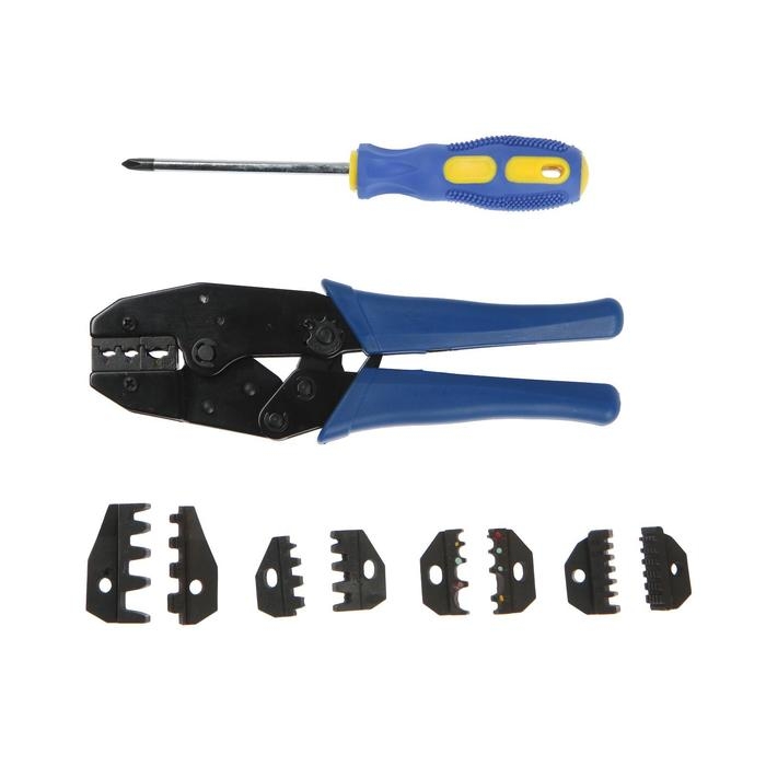 Пресс-клещи в сумке ТУНДРА, 5 матриц + отвертка, для опрессовки наконечников проводов Пресс-клещи в сумке ТУНДРА, 5 матриц + отвертка, для опрессовки наконечников проводов