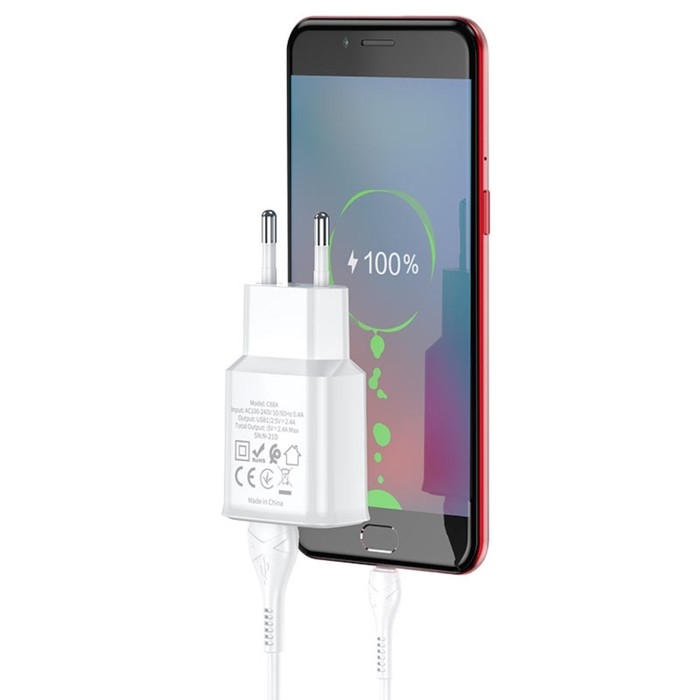 Сетевое зарядное устройство Hoco C88A, 2 USB, 2.4 А, кабель Micro USB - USB, 1 м, белый Сетевое зарядное устройство Hoco C88A, 2 USB, 2.4 А, кабель Micro USB - USB, 1 м, белый