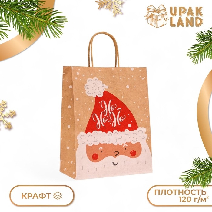 Новый год. Пакет бумажный подарочный новогодний крафт Новый год. Пакет бумажный подарочный новогодний крафт "Дед Мороз", 27 х 21 х 11 см.