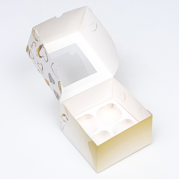 Коробка для 4 капкейков с окном ,  Коробка для 4 капкейков с окном , "For you", 16 х 16 х 10 см