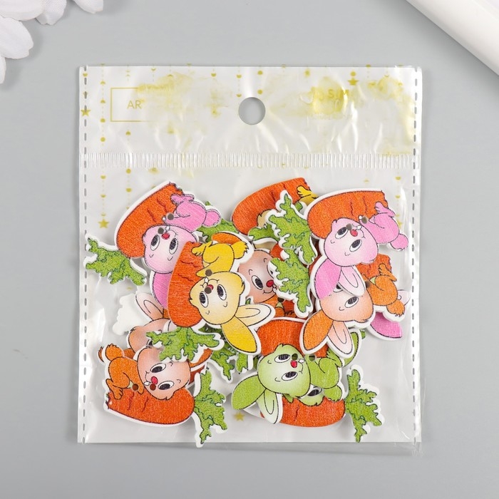 Пуговицы дерево для творчества 2 прокола Пуговицы дерево для творчества 2 прокола "Зайчик с морковкой" набор 15 шт 3,3х3,7 см