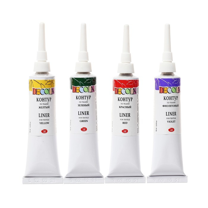 Набор контуров по ткани 4 цвета х 18 мл, ЗХК Decola, жёлтый, фиолетовый, красный, зелёный (544137) Набор контуров по ткани 4 цвета х 18 мл, ЗХК Decola, жёлтый, фиолетовый, красный, зелёный (544137)