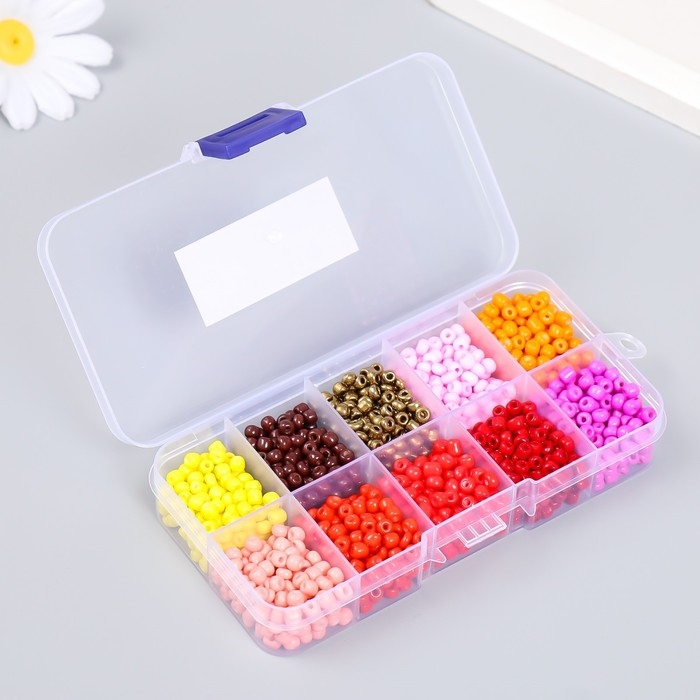 Бисер стекло 6/0 в шкатулке 10 делений  Бисер стекло 6/0 в шкатулке 10 делений "Красно-розовый" 1 деление=10 гр 12,8х6,5х2,2 см