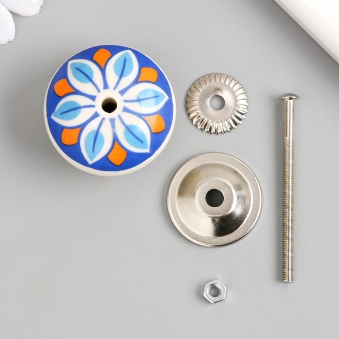 Ручка для шкатулки керамика, металл Ручка для шкатулки керамика, металл "Цветок сине-оранжевый" 4,1х4,1х6 см