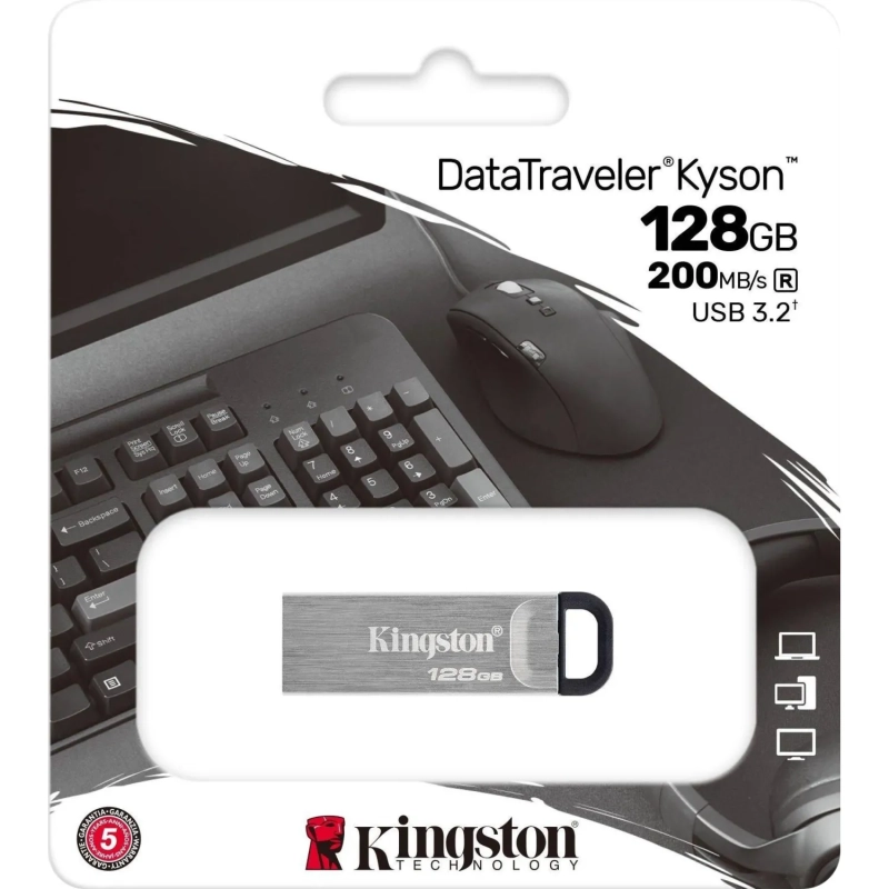 Флеш-память Kingston DataTraveler Kyson, USB 3.2 G1, сереб, DTKN/128GB