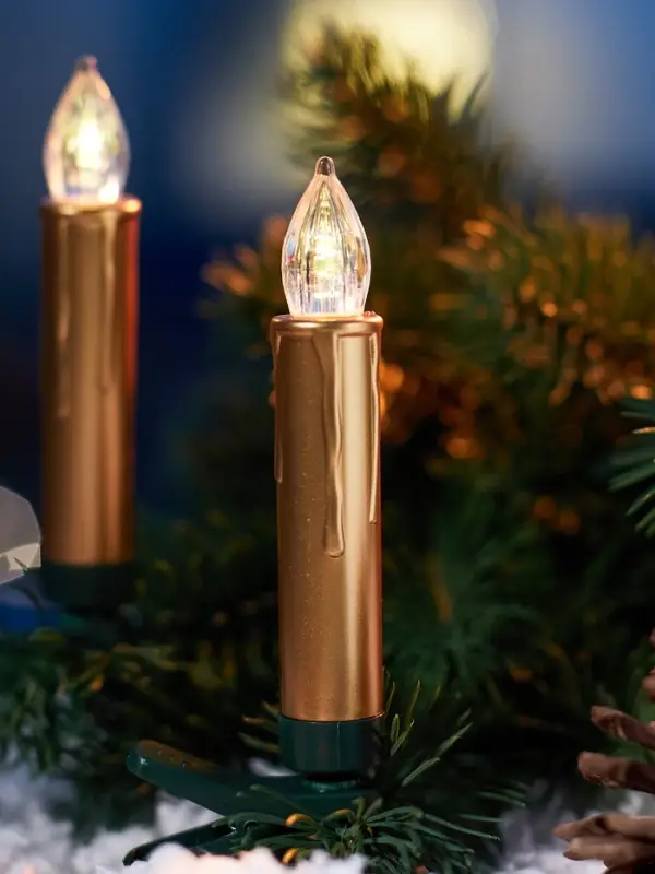 Светодиодные «Свечи на прищепках золотистые» 9 см, набор 10 шт, 10 LED, от батареек АААх6, пульт, свечение тёплое белое