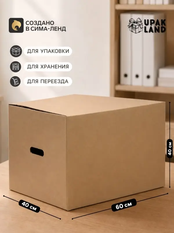 Коробка складная, бурая, для упаковки, хранения и переезда, с ручками 60&times;40&times;40 см