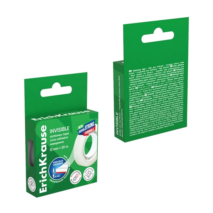 Клейкая лента канцелярская, 12 мм х 20 метра, ErichKrause Invisible, матовая, незаметная, в коробке, с европодвесом Клейкая лента канцелярская, 12 мм х 20 метра, ErichKrause Invisible, матовая, незаметная, в коробке, с европодвесом
