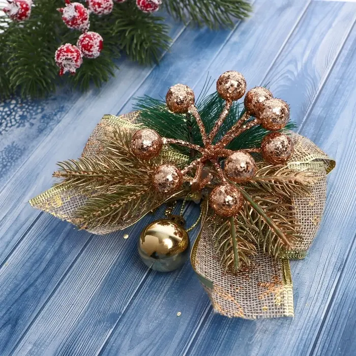 Ёлочные игрушки 2 шт. &laquo;Зимнее волшебство. Еловая композиция&raquo; пластик, бант с принтом, 13&times;12 см, золото