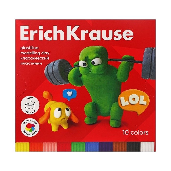 Пластилин 10 цветов, 180 г, ErichKrause Пластилин 10 цветов, 180 г, ErichKrause "Jolly Friends", со стеком, в картонной упаковке