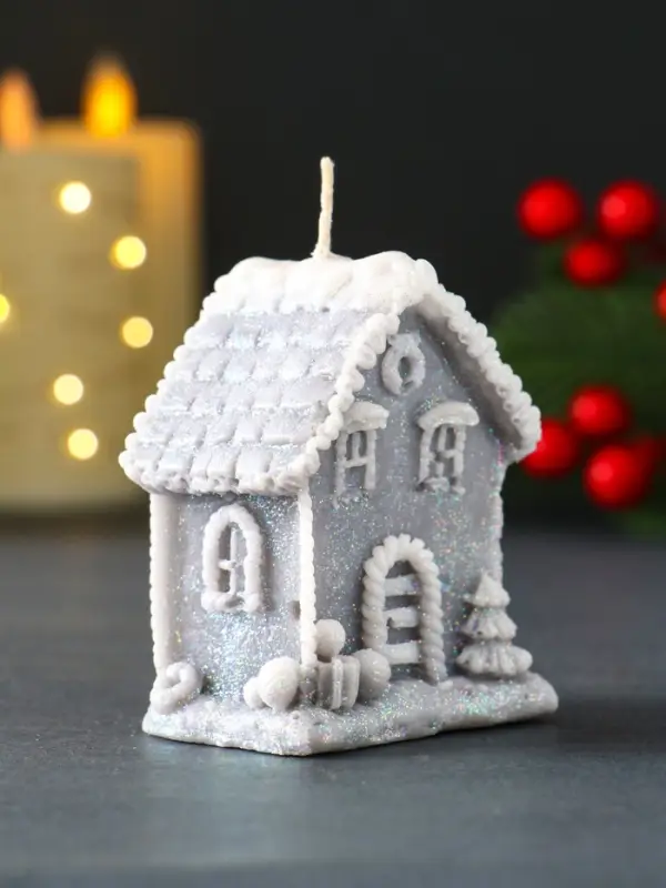 Свеча новогодняя "Домик с Ёлкой" 55х70 мм, серый