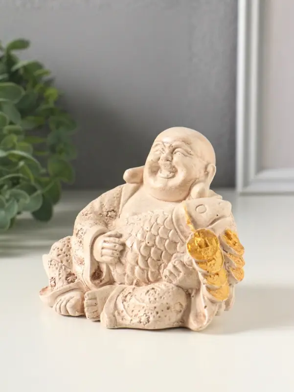 Фигурка гипс &laquo;Хотей с рыбой&raquo;, 10&times;9&times;7 см, слоновая кость