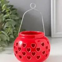 Подсвечник керамика 1 свеча "Фонарик с сердцами" красный 8х8х6,7 см