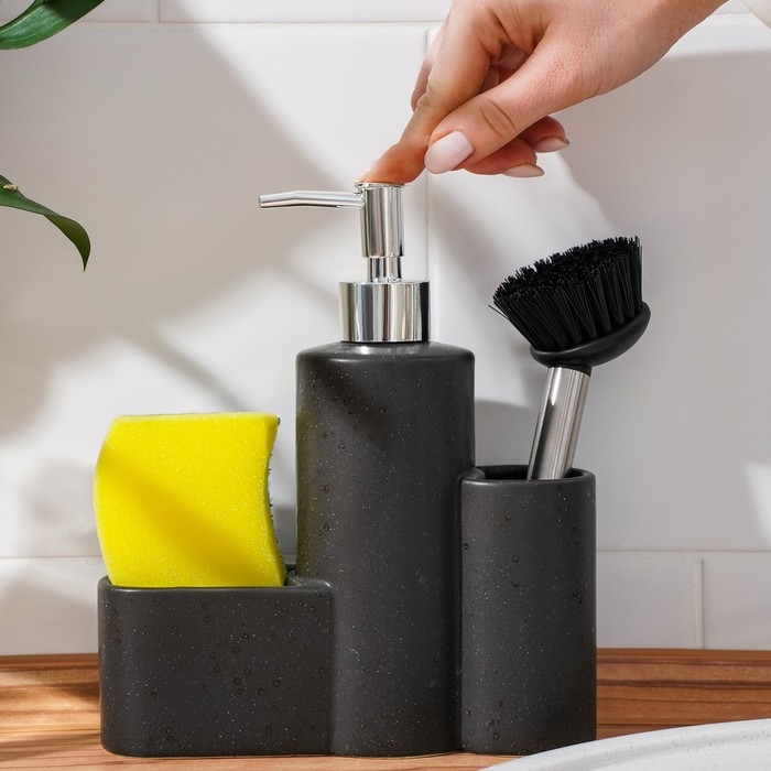 Дозатор для моющего средства с подставкой для губки и щётки «Минимал», 350 мл, цвет тёмно-коричневый Дозатор для моющего средства с подставкой для губки и щётки «Минимал», 350 мл, цвет тёмно-коричневый