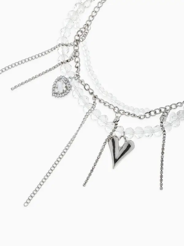 Колье "Сердце" с подвесками, переплетение, цвет белый в серебре