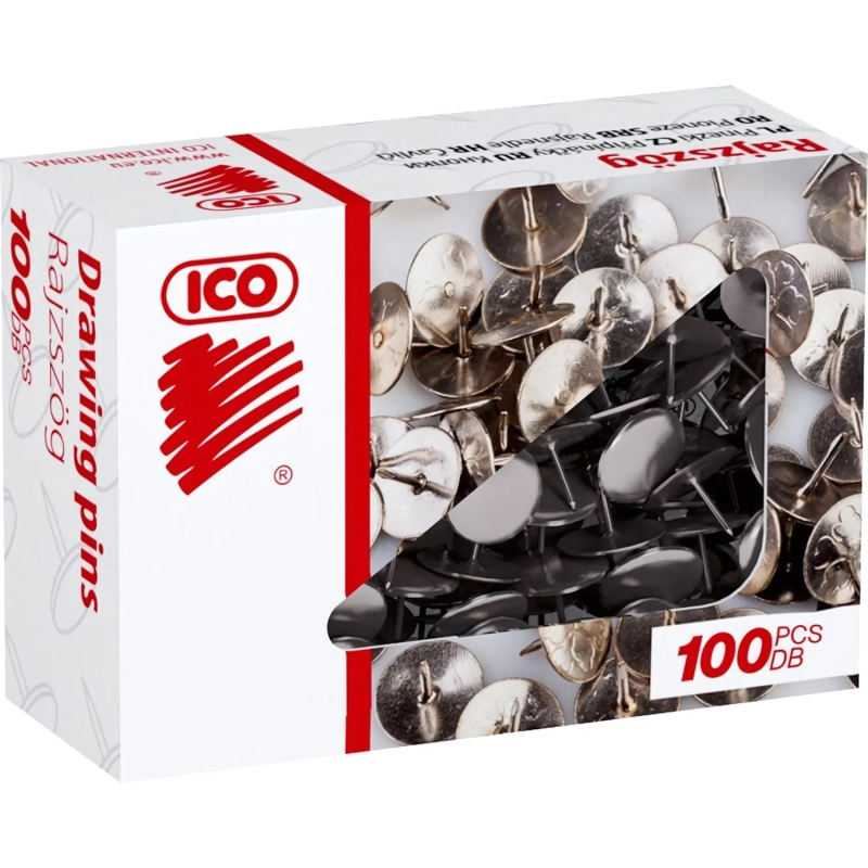 Кнопки канцелярские ICO стальные, 11 мм, стальные, 100 шт. карт.уп