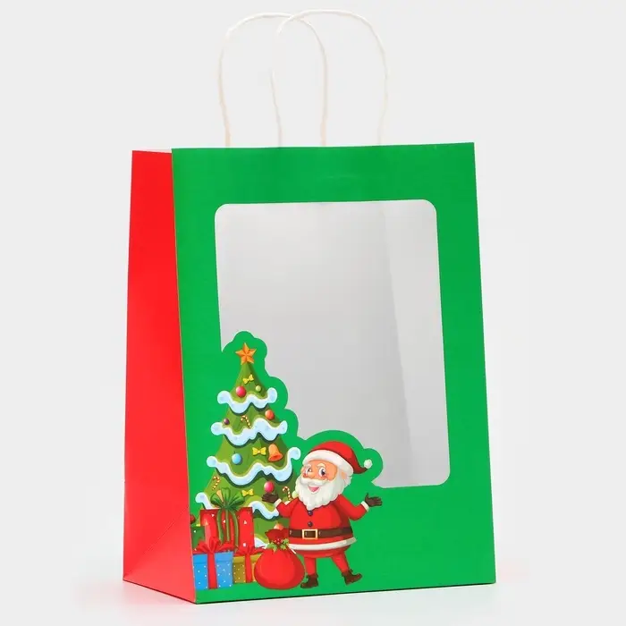 Пакет подарочный бумажный с окном «Дед Мороз» 30×22×14 см, крафт зеленый Пакет подарочный бумажный с окном «Дед Мороз» 30×22×14 см, крафт зеленый