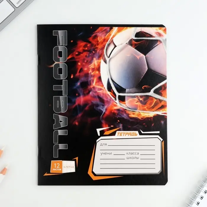 Тетрадь в клетку 12 листов А5, на скрепке &laquo;Футбол&raquo;, обложка мелованный картон, блок №1 белизна 96%, 5 видов МИКС