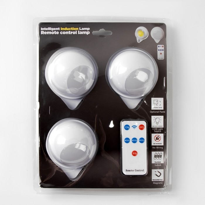 Фонарь-светильник, 3 шт, 50 лм, COB, 3 ААА, магнит, клейкая основа, с пультом, 7.5 х 9.2 см Фонарь-светильник, 3 шт, 50 лм, COB, 3 ААА, магнит, клейкая основа, с пультом, 7.5 х 9.2 см