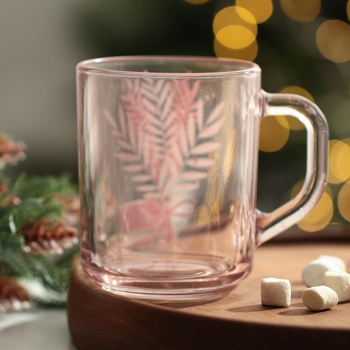 Кружка стеклянная новогодняя Дорого внимание «Веточки», 200 мл, розовая