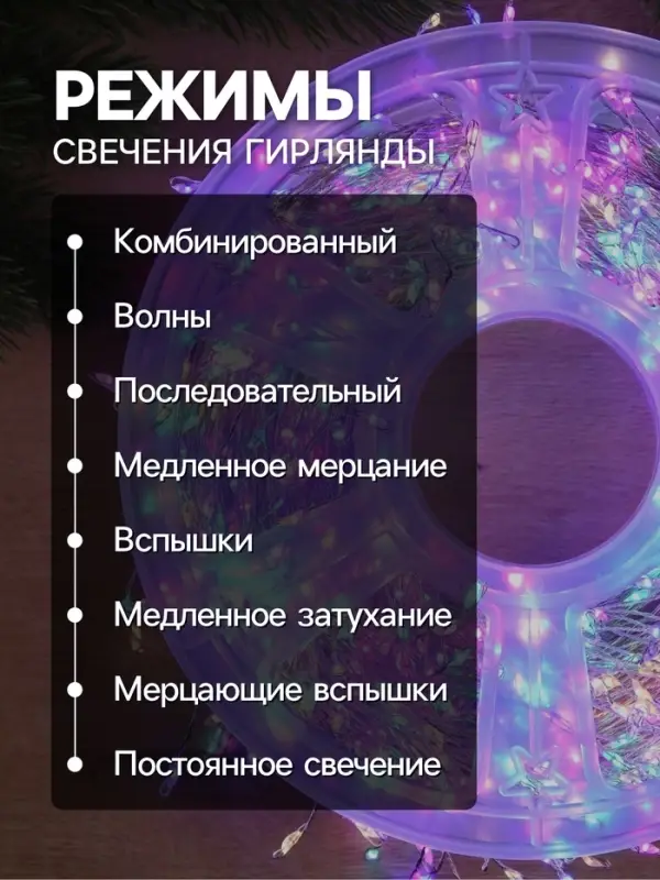 Гирлянда &laquo;Мишура&raquo; 50 м, роса, IP44, серебристая нить, 1500 LED, 8 режимов, свечение мульти, 36 В
