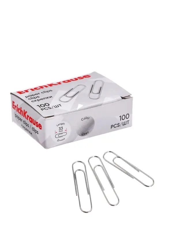 Скрепки канцелярские ErichKrause, 33 мм, 100 шт., оцинкованные, картонная упаковка