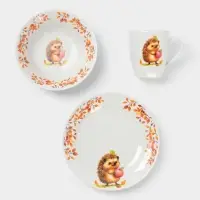 Набор детской посуды Дулевский фарфор &laquo;Ёжик&raquo;, 3 предмета: тарелка 175 мл, миска 360 мл, кружка 210 мл, белый