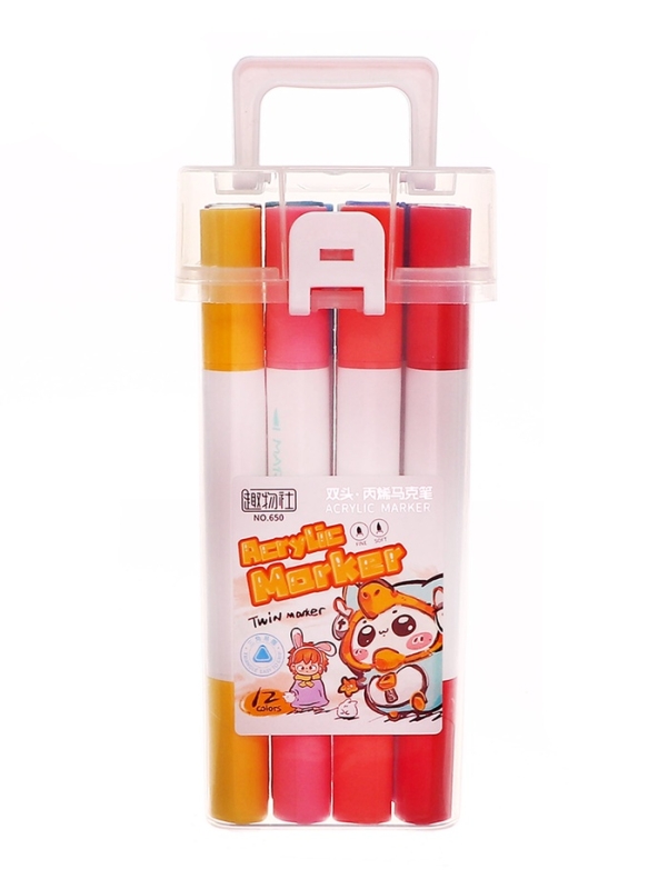 Набор акриловых маркеров 12 цветов в пластиковом кейсе, двусторонние Набор акриловых маркеров 12 цветов в пластиковом кейсе, двусторонние