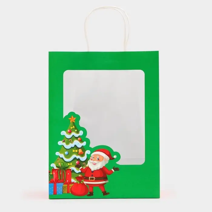 Пакет подарочный бумажный с окном «Дед Мороз» 30×22×14 см, крафт зеленый Пакет подарочный бумажный с окном «Дед Мороз» 30×22×14 см, крафт зеленый