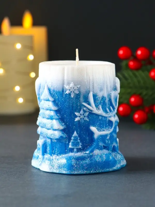 Свеча новогодняя столбик  Свеча новогодняя столбик "Сказочный лес" 75х85 мм, синий