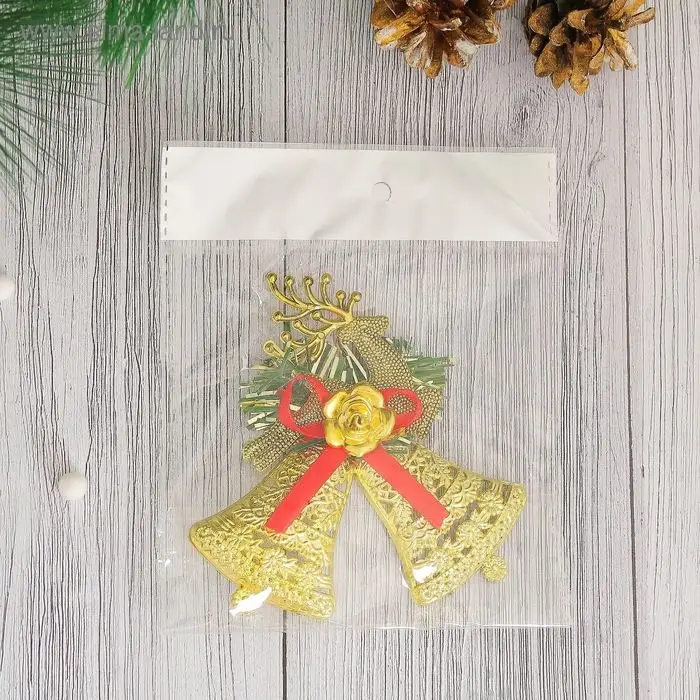 Ёлочная игрушка «Зимнее волшебство. Резные колокольчики с оленем» пластик, 10х9 см, золото Ёлочная игрушка «Зимнее волшебство. Резные колокольчики с оленем» пластик, 10х9 см, золото