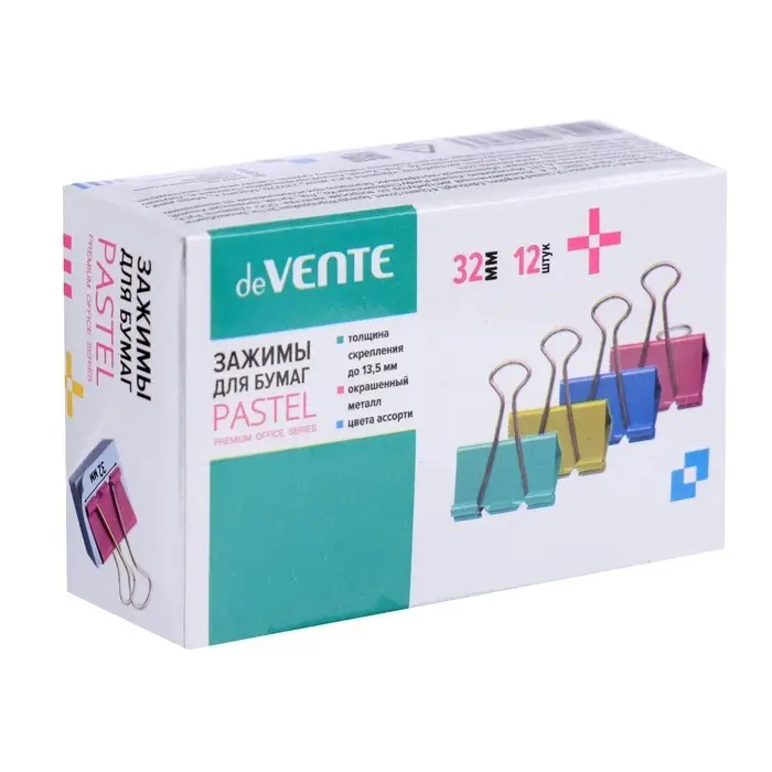 Зажимы для бумаг 32 мм, 12 штук, deVENTE, металлические, МИКС х 4 цвета, картонная коробка Зажимы для бумаг 32 мм, 12 штук, deVENTE, металлические, МИКС х 4 цвета, картонная коробка
