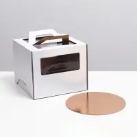 Коробка под торт 2 окна, с ручками, белая, + подложка 2.5 золото - белый, 28&times;28&times;20 см