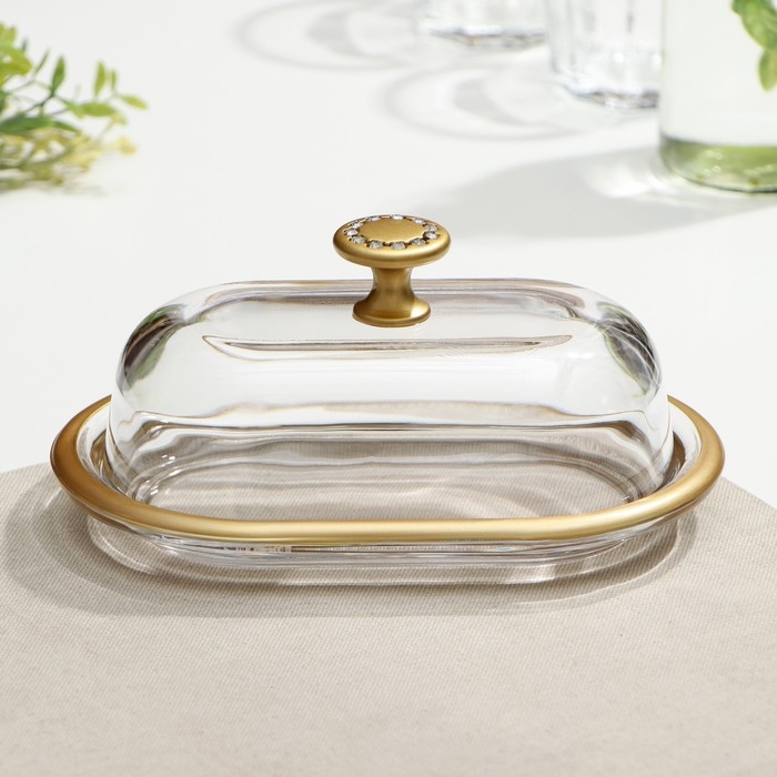 Масленка Paşabahçe. 19.8×13.1 см, стекло, прозрачная, золотистая Масленка Paşabahçe. 19.8×13.1 см, стекло, прозрачная, золотистая