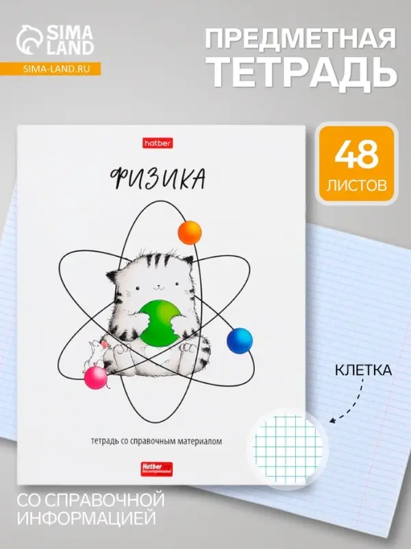 Предметная тетрадь по физике Hatber &laquo;Приключения кота Пирожка&raquo;, 48 листов, в клетку, со справочным материалом, обложка из мелованной бумаги