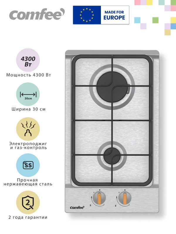 Газовая варочная панель CGH301X, 2 конфорки, нерж сталь Газовая варочная панель CGH301X, 2 конфорки, нерж сталь