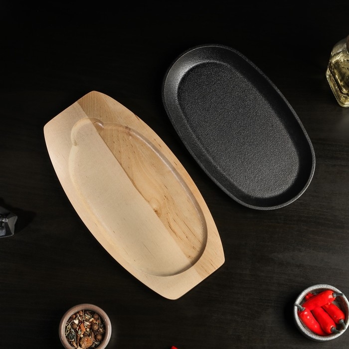 Сковорода чугунная на деревянной подставке Magma «Овал», 24×14×2 см, цвет чёрный