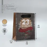 Пакет подарочный крафтовый, упаковка, «С 23 февраля», 12 х 15 х 5.5 см