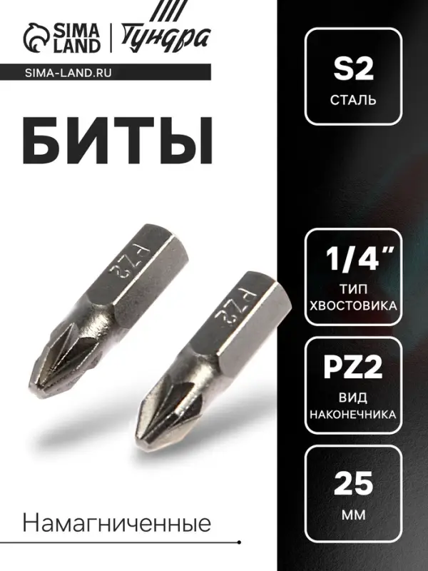 Биты ТУНДРА, намагниченные, сталь S2, PZ2 х 25 мм, 2 шт. Биты ТУНДРА, намагниченные, сталь S2, PZ2 х 25 мм, 2 шт.
