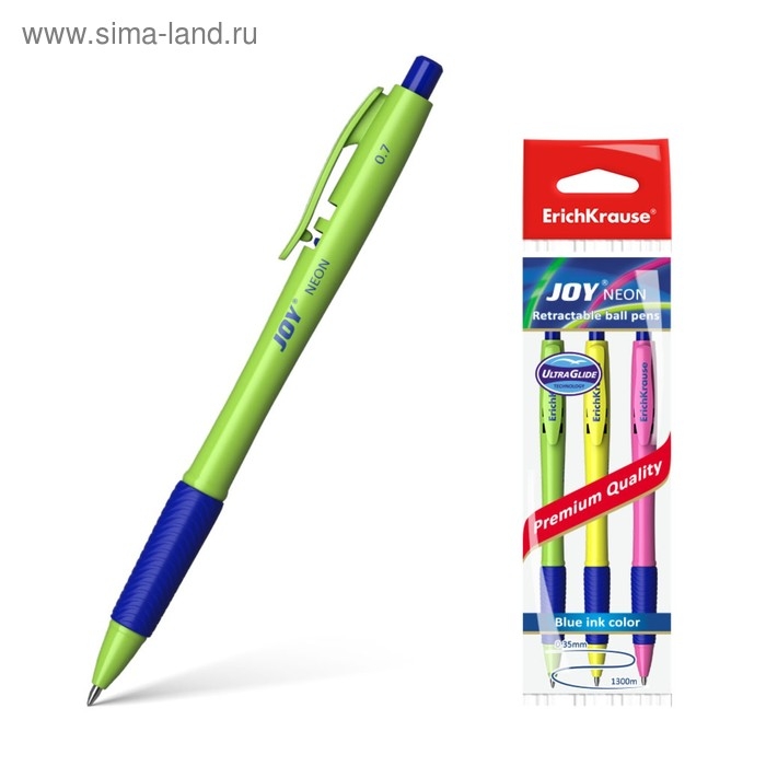 Набор ручек шариковых автоматических 3 штуки Ultra Glide Technology JOY Neon, резиновый упор, узел 0.7 мм, чернила синие, длина линии письма 1300 метров, европодвес Набор ручек шариковых автоматических 3 штуки Ultra Glide Technology JOY Neon, резиновый упор, узел 0.7 мм, чернила синие, длина линии письма 1300 метров, европодвес