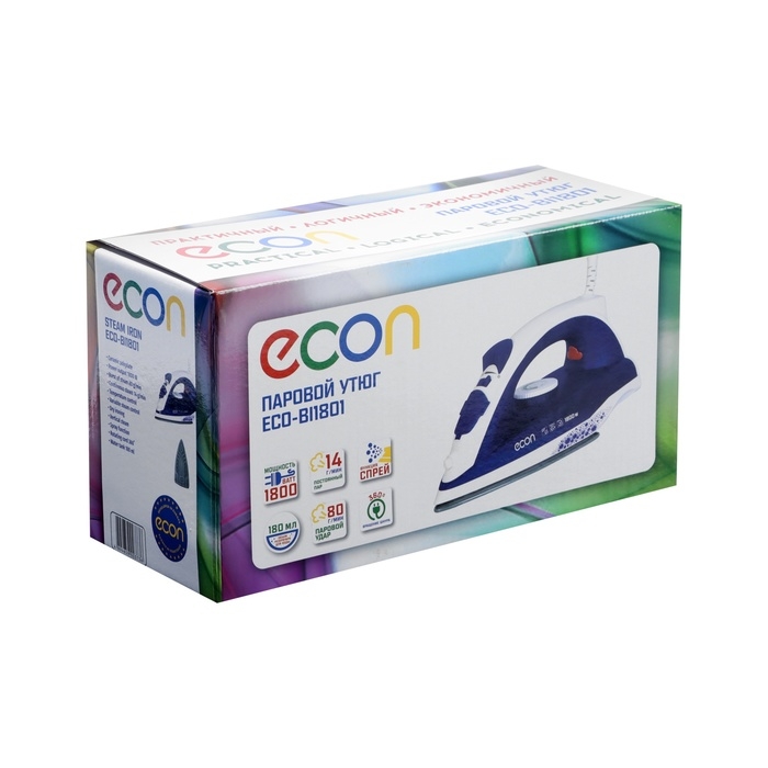 Утюг Econ ECO-BI1801, 1800 Вт, керамическая подошва, 14 г/мин, 180 мл, бело-фиолетовый Утюг Econ ECO-BI1801, 1800 Вт, керамическая подошва, 14 г/мин, 180 мл, бело-фиолетовый