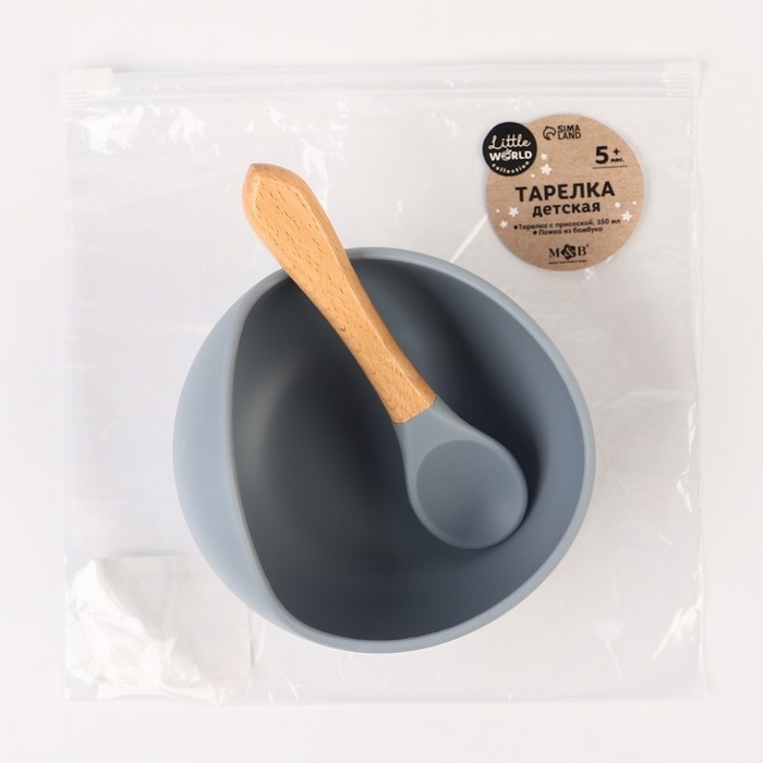Тарелка детская на присоске, ложка, M&B, серый Тарелка детская на присоске, ложка, M&B, серый