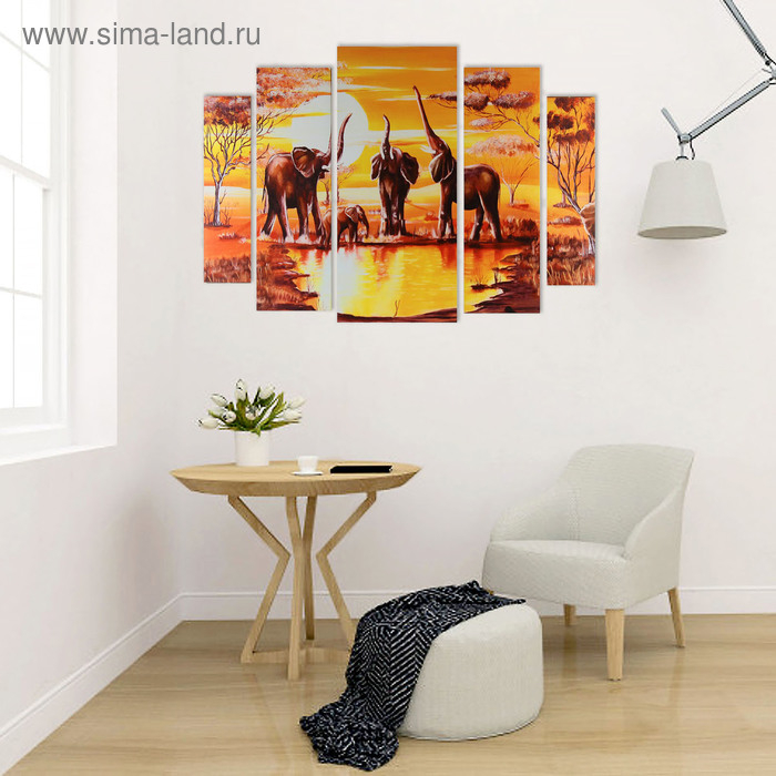Картина модульная на подрамнике  Картина модульная на подрамнике "Слоны на водопое" 2-14х53, 2-21х69,5 1-34х79; 80х118см